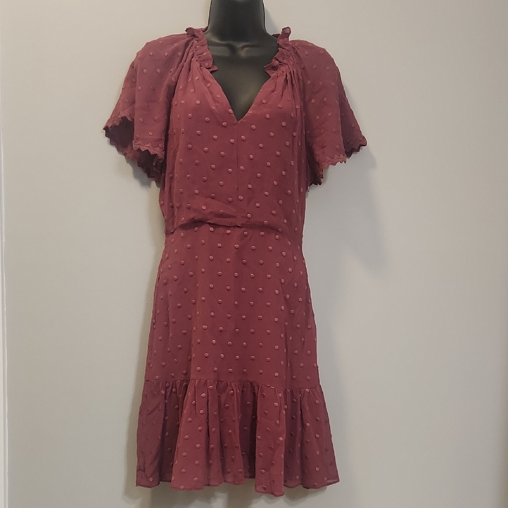 Rebecca Taylor Clip Dot Flutter Sleeve V‑Neck Ruffle Hem Dress Burgundy‎ Size 2